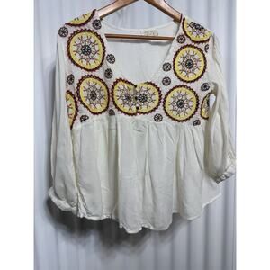 LaraEthnics Embroidered Boho Cottagecore Peasant Top Ivory S/M Artisan Chic